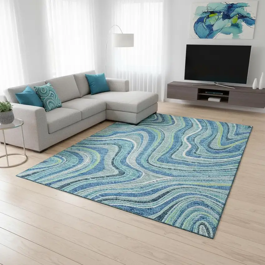 Blue Green And Ivory Marble Washable Area Rug With UV Protection Photo 2