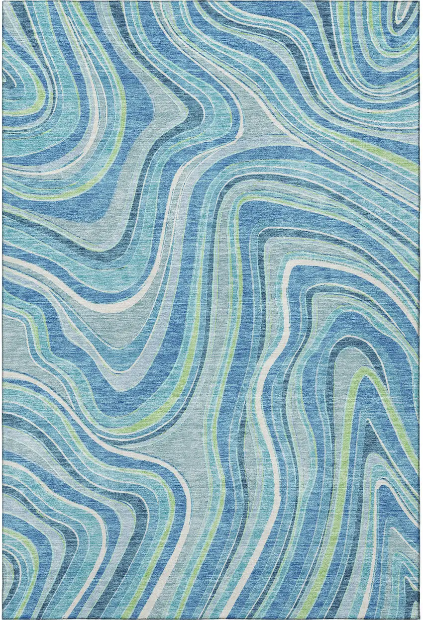 Blue Green And Ivory Marble Washable Area Rug With UV Protection Photo 4