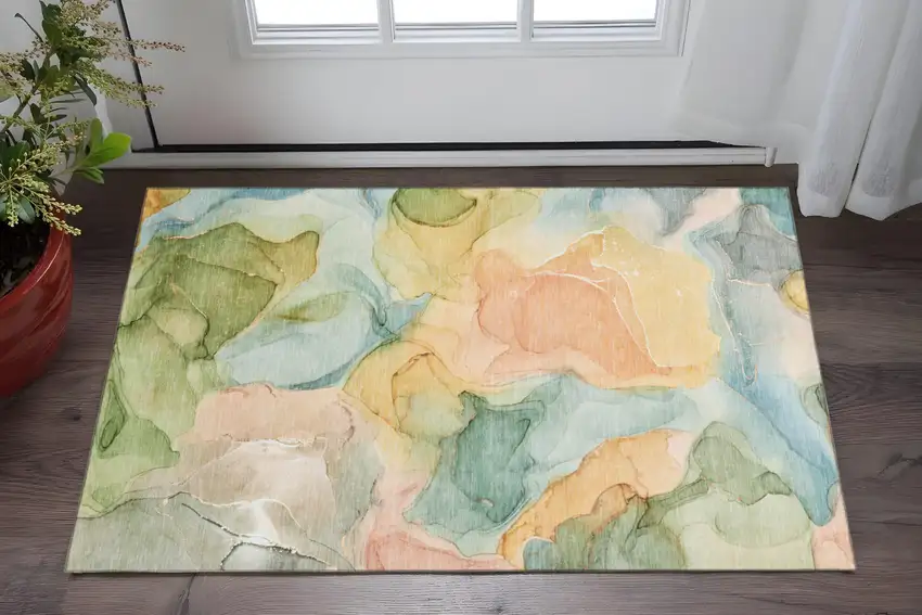 Blue Green And Orange Abstract Washable Area Rug With UV Protection Photo 2