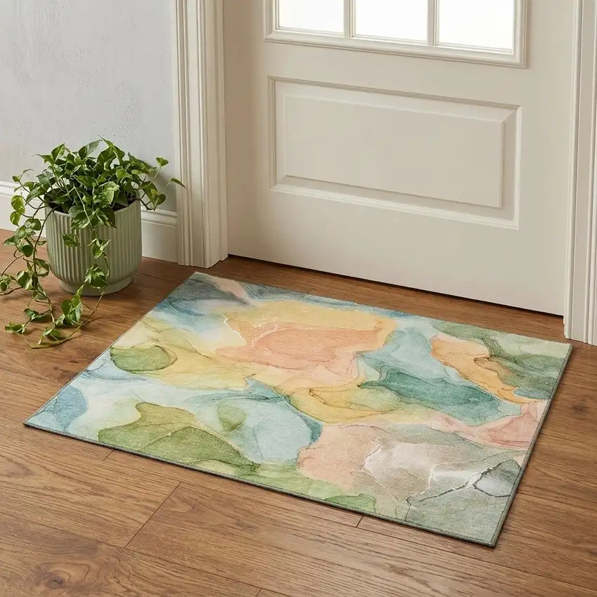 Blue Green And Orange Abstract Washable Area Rug With UV Protection Photo 1