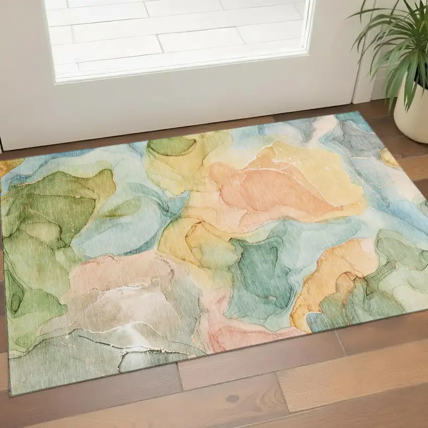 Blue Green And Orange Abstract Washable Area Rug With UV Protection Photo 1