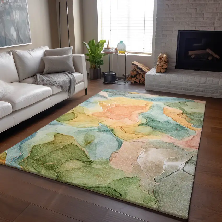 Blue Green And Orange Abstract Washable Area Rug With UV Protection Photo 6