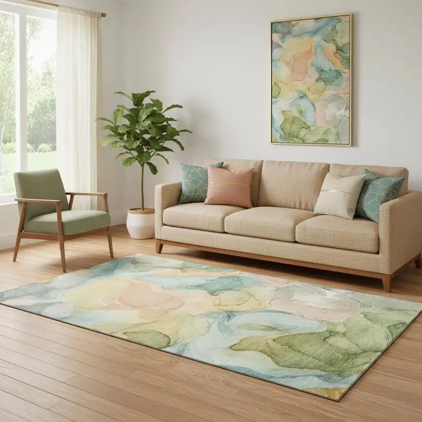 Blue Green And Orange Abstract Washable Area Rug With UV Protection Photo 1