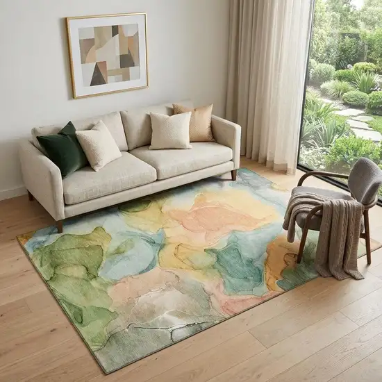 Blue Green And Orange Abstract Washable Area Rug With UV Protection Photo 1