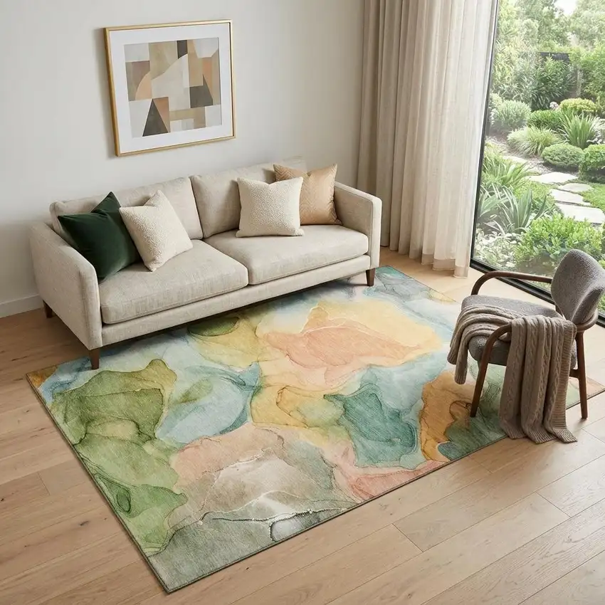 Blue Green And Orange Abstract Washable Area Rug With UV Protection Photo 1