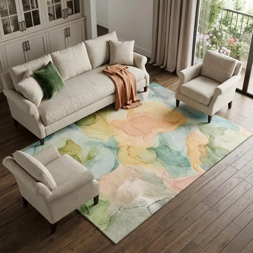 Blue Green And Orange Abstract Washable Area Rug With UV Protection Photo 1