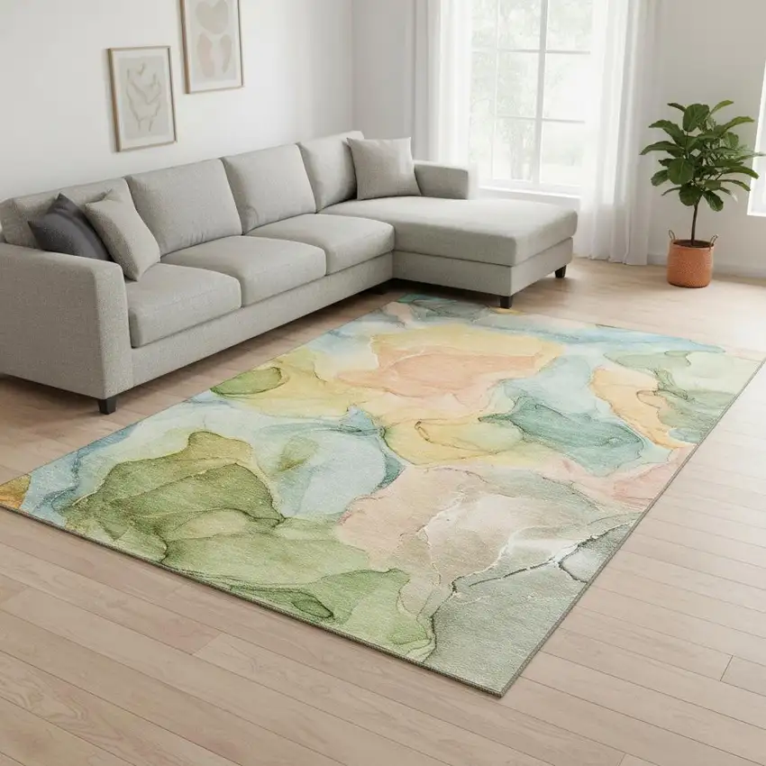Blue Green And Orange Abstract Washable Area Rug With UV Protection Photo 1