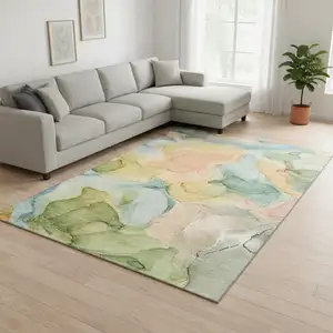 Photo of Blue Green And Orange Abstract Washable Area Rug With UV Protection
