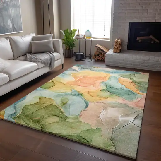 Blue Green And Orange Abstract Washable Area Rug With UV Protection Photo 6