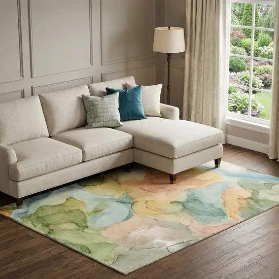Blue Green And Orange Abstract Washable Area Rug With UV Protection Photo 1