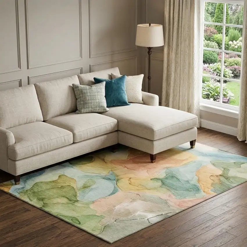 Blue Green And Orange Abstract Washable Area Rug With UV Protection Photo 1