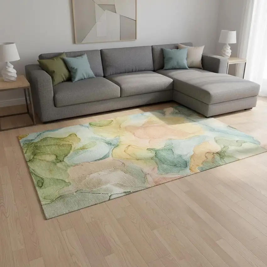 Blue Green And Orange Abstract Washable Area Rug With UV Protection Photo 3