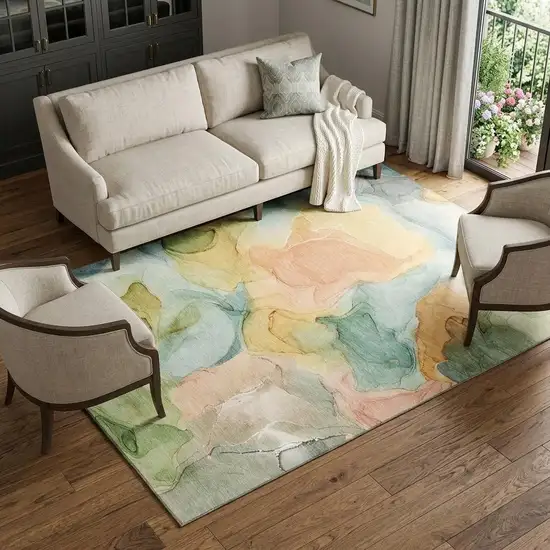 Blue Green And Orange Abstract Washable Area Rug With UV Protection Photo 1
