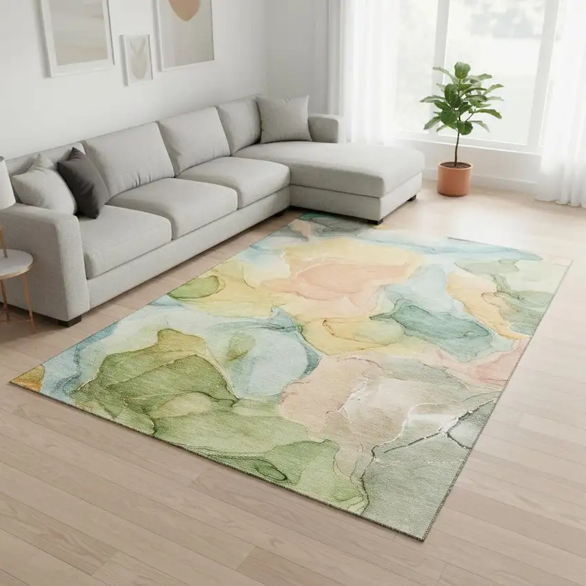 Blue Green And Orange Abstract Washable Area Rug With UV Protection Photo 1