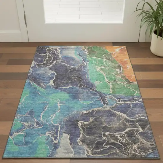 Blue Green And Orange Abstract Washable Area Rug With UV Protection Photo 2