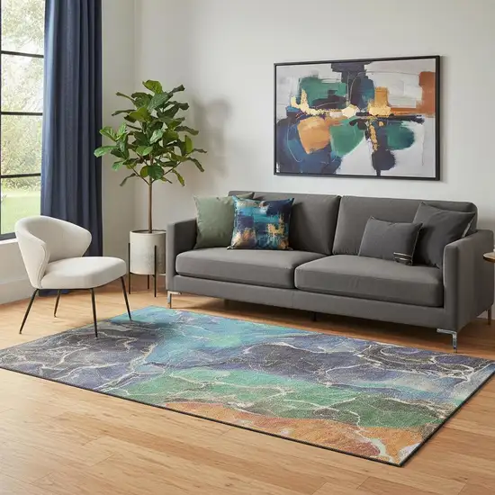 Blue Green And Orange Abstract Washable Area Rug With UV Protection Photo 2