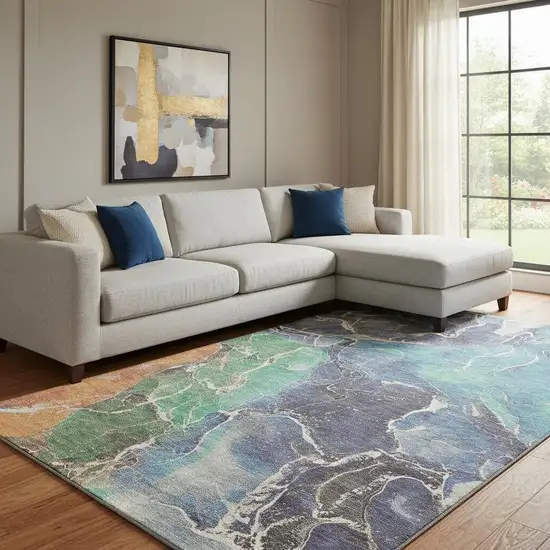 Blue Green And Orange Abstract Washable Area Rug With UV Protection Photo 2