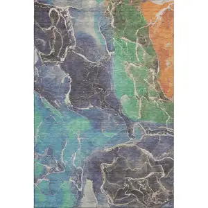 Photo of Blue Green And Orange Abstract Washable Area Rug With UV Protection