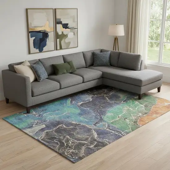 Blue Green And Orange Abstract Washable Area Rug With UV Protection Photo 2