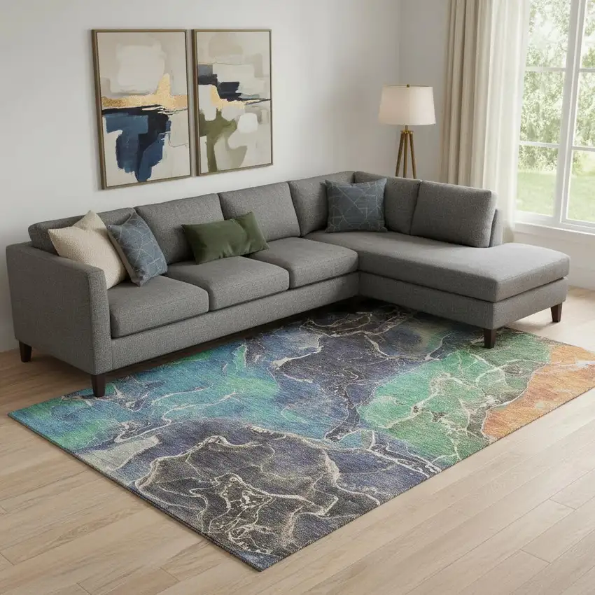 Blue Green And Orange Abstract Washable Area Rug With UV Protection Photo 2