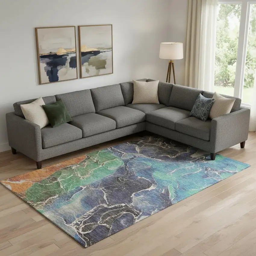 Blue Green And Orange Abstract Washable Area Rug With UV Protection Photo 2