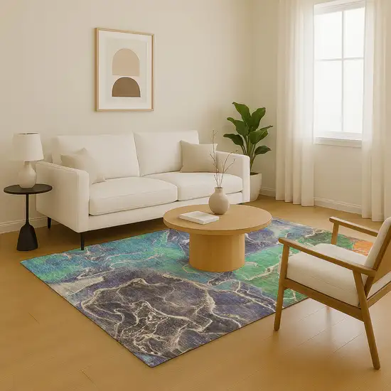 Blue Green And Orange Abstract Washable Area Rug With UV Protection Photo 5