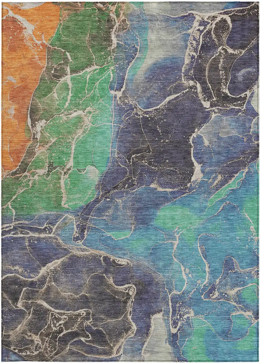 Blue Green And Orange Abstract Washable Indoor Outdoor Area Rug Photo 9