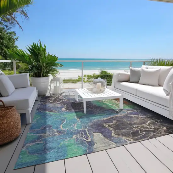 Blue Green And Orange Abstract Washable Indoor Outdoor Area Rug Photo 7