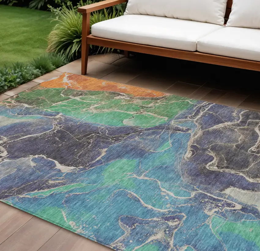 Blue Green And Orange Abstract Washable Indoor Outdoor Area Rug Photo 2