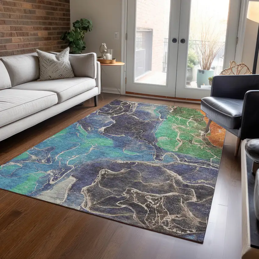 Blue Green And Orange Abstract Washable Indoor Outdoor Area Rug Photo 5