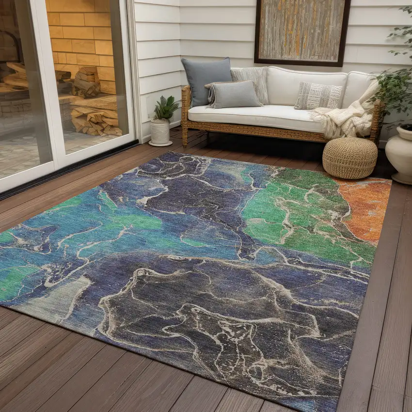 Blue Green And Orange Abstract Washable Indoor Outdoor Area Rug Photo 4