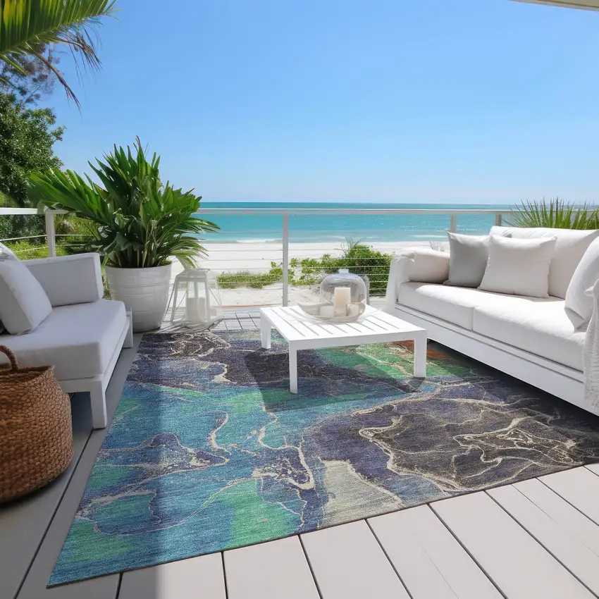 Blue Green And Orange Abstract Washable Indoor Outdoor Area Rug Photo 7