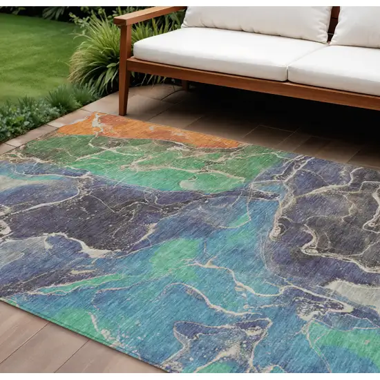 Blue Green And Orange Abstract Washable Indoor Outdoor Area Rug Photo 2
