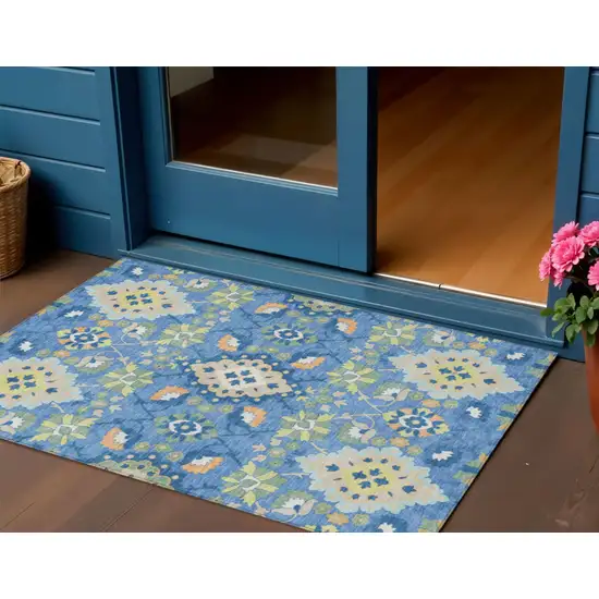 Blue Green And Orange Oriental Washable Indoor Outdoor Area Rug Photo 1