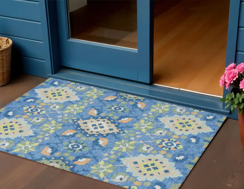 Blue Green And Orange Oriental Washable Indoor Outdoor Area Rug Photo 1