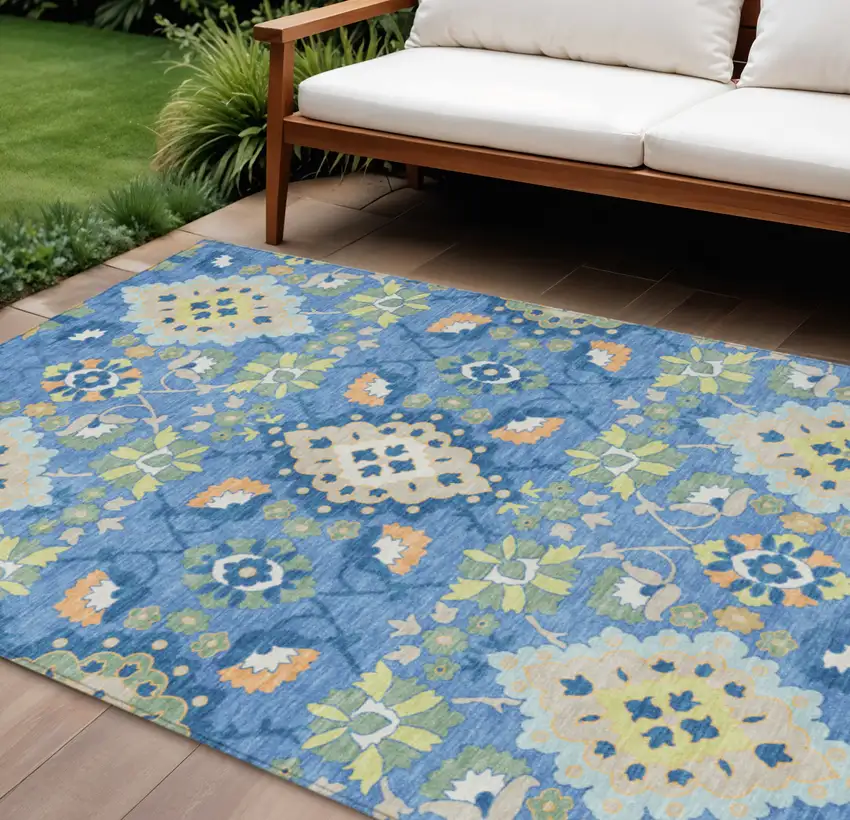 Blue Green And Orange Oriental Washable Indoor Outdoor Area Rug Photo 1