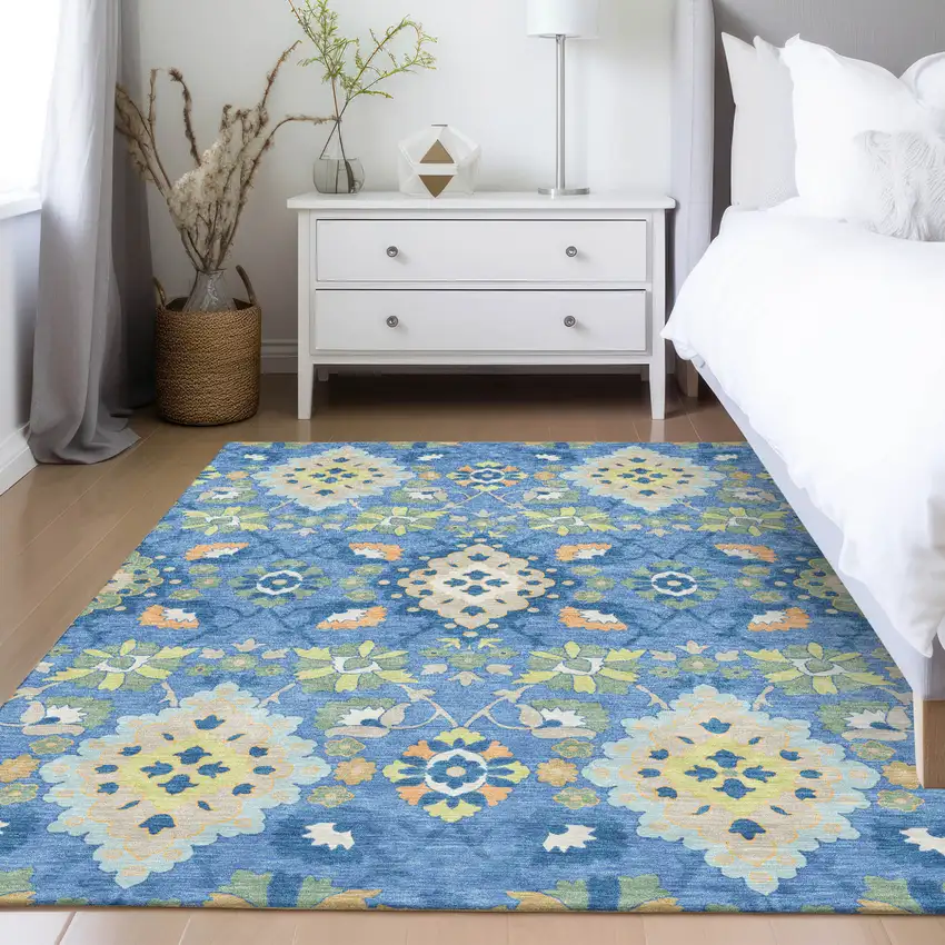 Blue Green And Orange Oriental Washable Indoor Outdoor Area Rug Photo 9