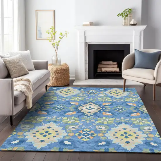 Blue Green And Orange Oriental Washable Indoor Outdoor Area Rug Photo 9