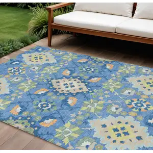 Photo of Blue Green And Orange Oriental Washable Indoor Outdoor Area Rug