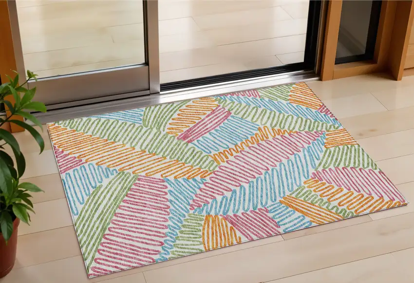 Blue Green And Pink Floral Washable Indoor Outdoor Area Rug Photo 1