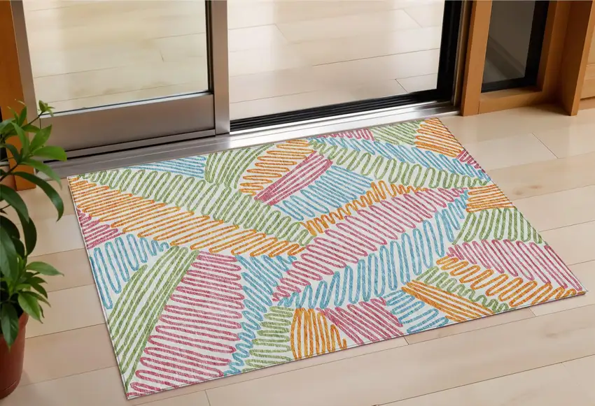 Blue Green And Pink Floral Washable Indoor Outdoor Area Rug Photo 1