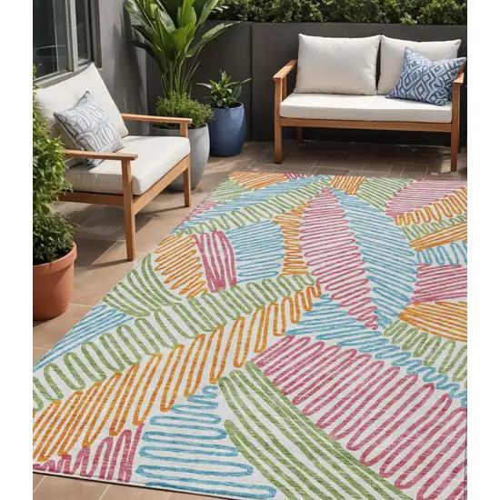 Blue Green And Pink Floral Washable Indoor Outdoor Area Rug Photo 1