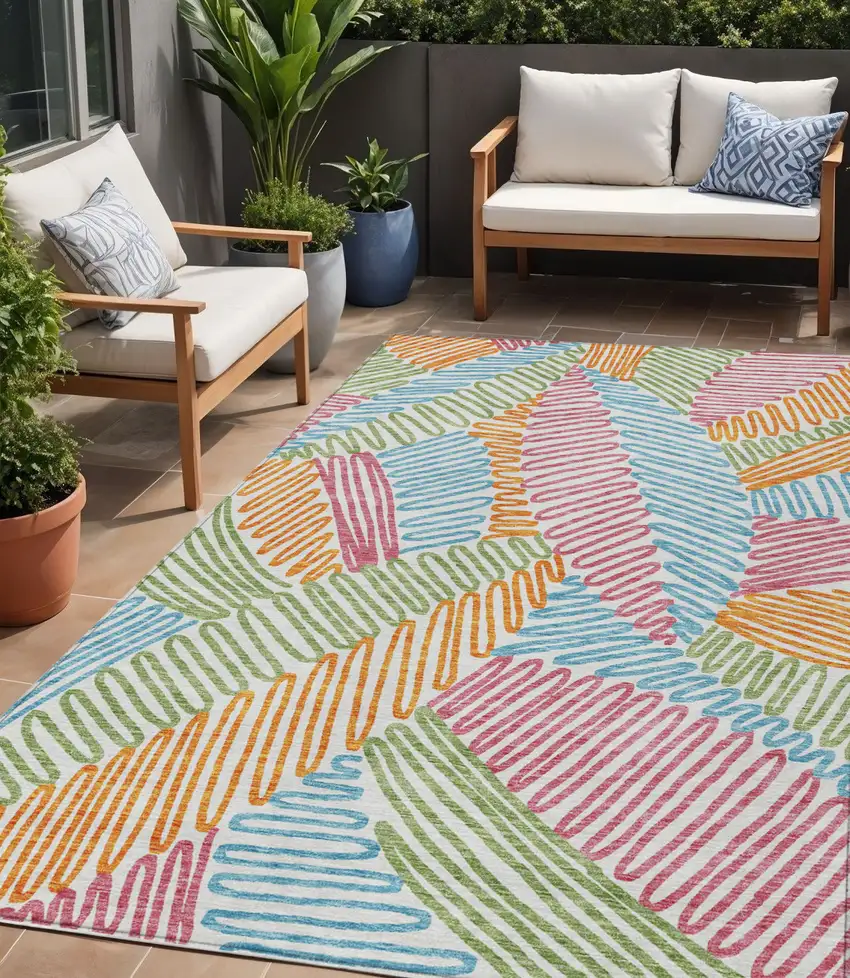 Blue Green And Pink Floral Washable Indoor Outdoor Area Rug Photo 1