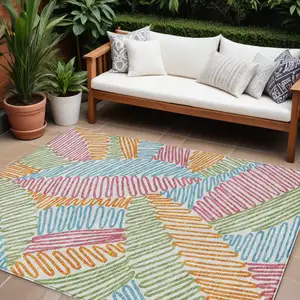 Photo of Blue Green And Pink Floral Washable Indoor Outdoor Area Rug