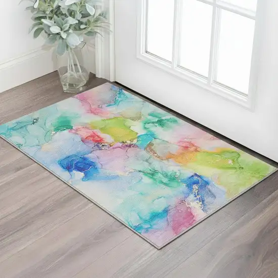 Blue Green And Purple Abstract Washable Area Rug With UV Protection Photo 1