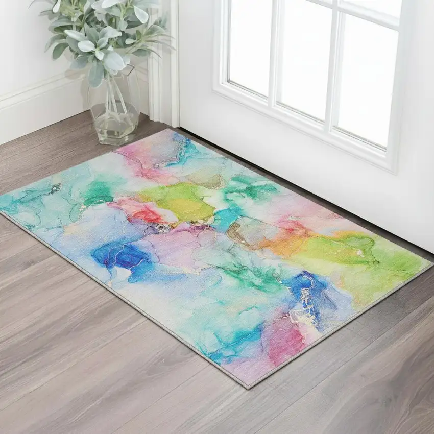 Blue Green And Purple Abstract Washable Area Rug With UV Protection Photo 1