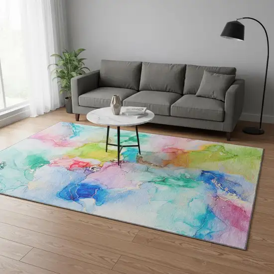 Blue Green And Purple Abstract Washable Area Rug With UV Protection Photo 2