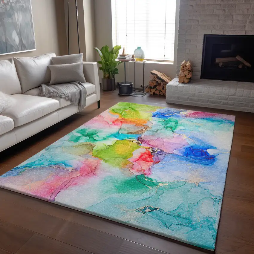 Blue Green And Purple Abstract Washable Area Rug With UV Protection Photo 6