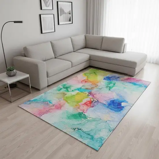 Blue Green And Purple Abstract Washable Area Rug With UV Protection Photo 2