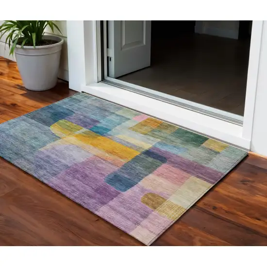 Blue Green And Purple Abstract Washable Indoor Outdoor Area Rug Photo 1